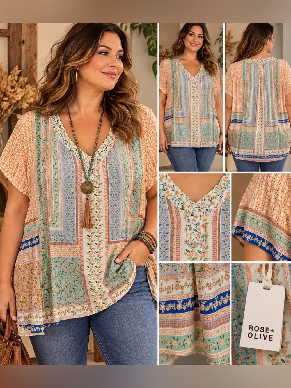Rose & Olive Peach and Mint Patchwork V-Neck Tunic- 3X NWT